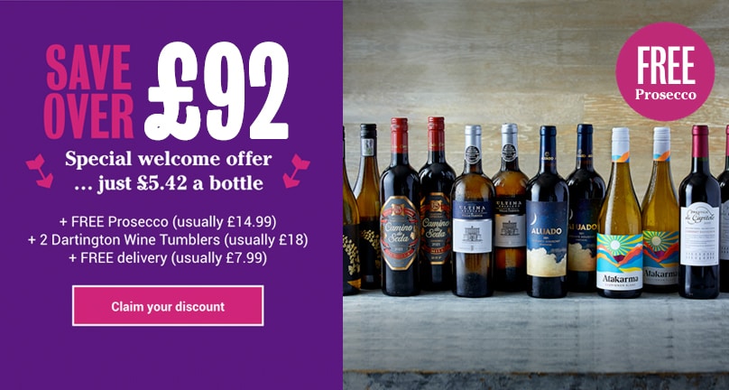 Special welcome offer … just £5.42 a bottle. SAVE OVER 45% on your first case. Includes Dartington Crystal glasses and delivery direct to your door. Claim your discount + Free Prosecco