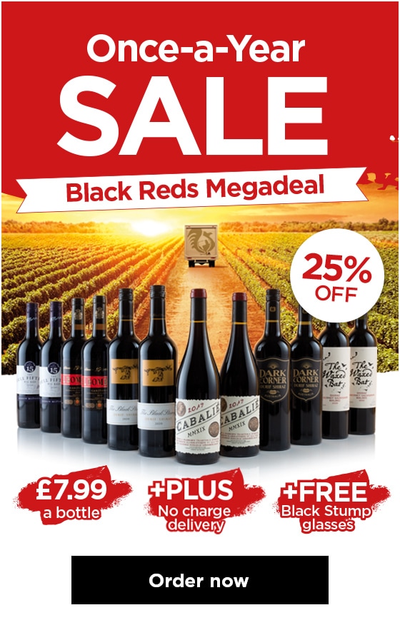Once-a-year SALE Black Reds Megadeal - 25% - £7.99 a bottle + PLUS No charge delivery + FREE Black Stumps glasses