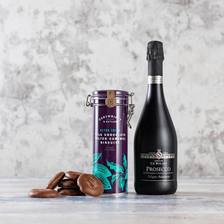 Prosecco & Chocolate-Coated Salted Caramel Biscuits Gift 